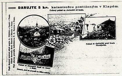 Pohlednice na pomoc postiženým v Klapém v roce 1898