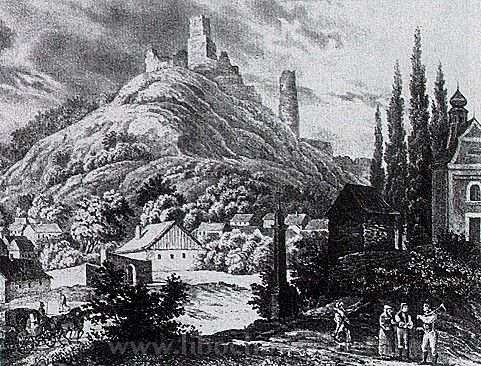 Hrad Házmburk a vesnice Klapý před rokem 1850