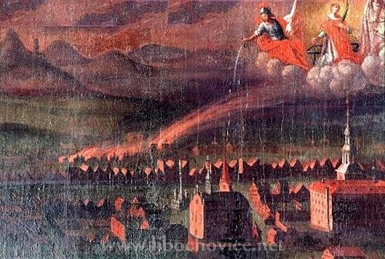 Výřez z votivního obrazu Libochovic z r. 1738 zobrazující zázračnou záchranu města před požárem. (Římsko-katolická farnost - děkanství Libochovice.)