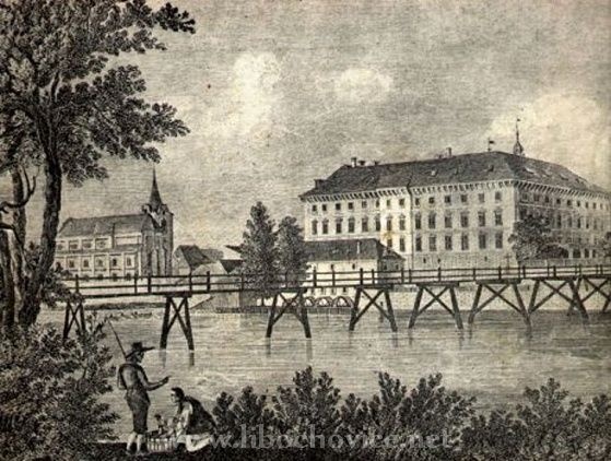 Most a zámek v roce 1850.